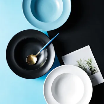 

Nordic Style Home Straw Hat Plate Ceramic Deep Dish Pasta Tray Creative Solid Color Round Rice Dish Salad Bowl Christmas Plate