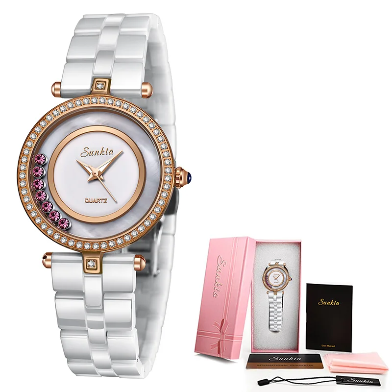 Rose gold white Relogio Feminino SUNKTA керамические женские часы Лидирующий бренд Роскошные Кварцевые часы с бриллиантами водонепроницаемые часы Женское платье часы-браслет - Цвет: Rose gold white