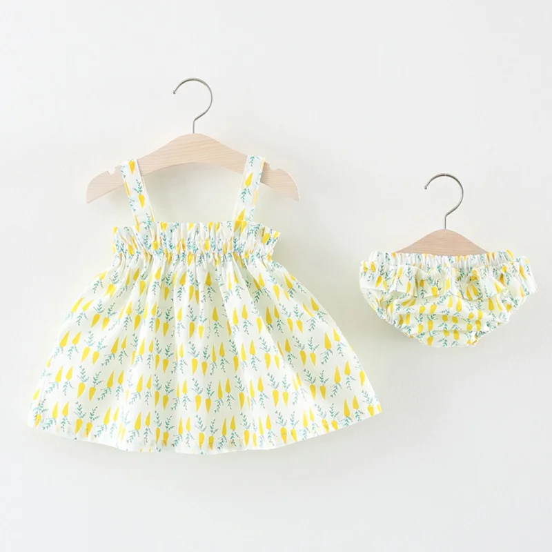 

2Pcs/Set Summer Baby Girls Casual Sleeveless Cotton Tops Floral Dress With Shorts Briefs Outfits Set