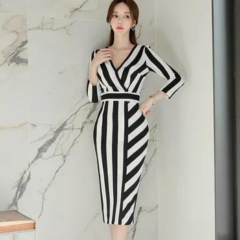 

Women dress New 2020 Summer dress long sleeve stripe V-neck Party dress Elegant slim vintage vestidos