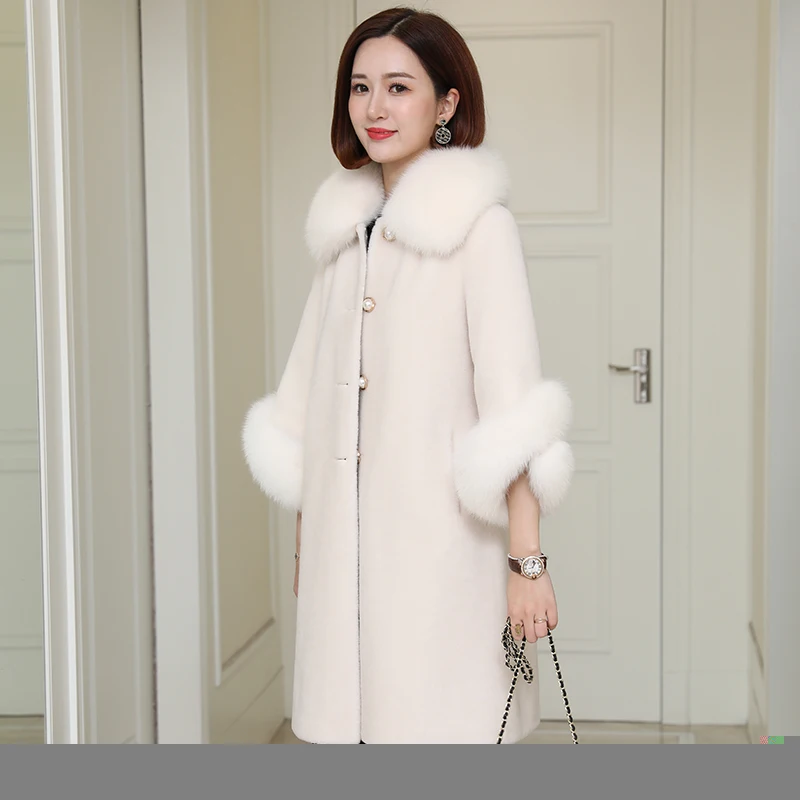 creamy-white Женская одежда Зимняя верхняя одежда пальто для девочек длинное пальто с мехом воротник из лисьего меха шерсть частицы 1023 - Цвет: creamy-white