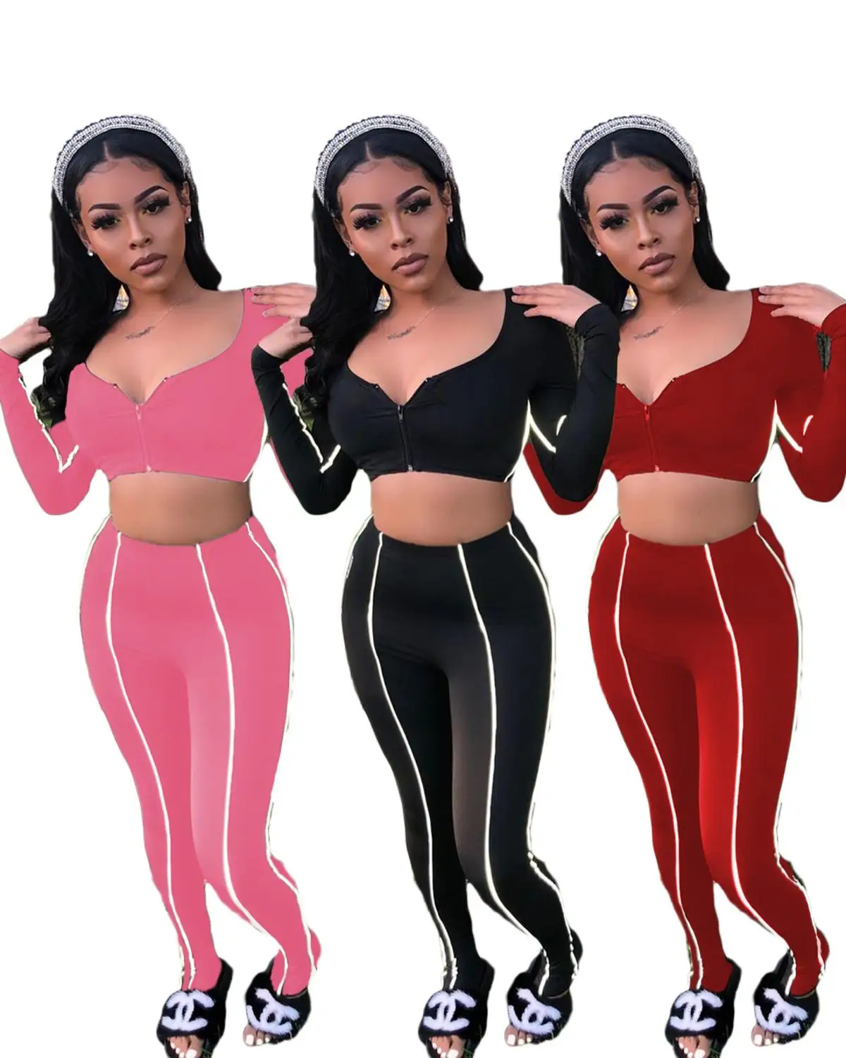 

Autumn Fashion Two Piec Set Front Zipper Long Sleeve Crop Top + Long Pants Fitness Sportwear Tracksuit Outfit Solid 3 Color