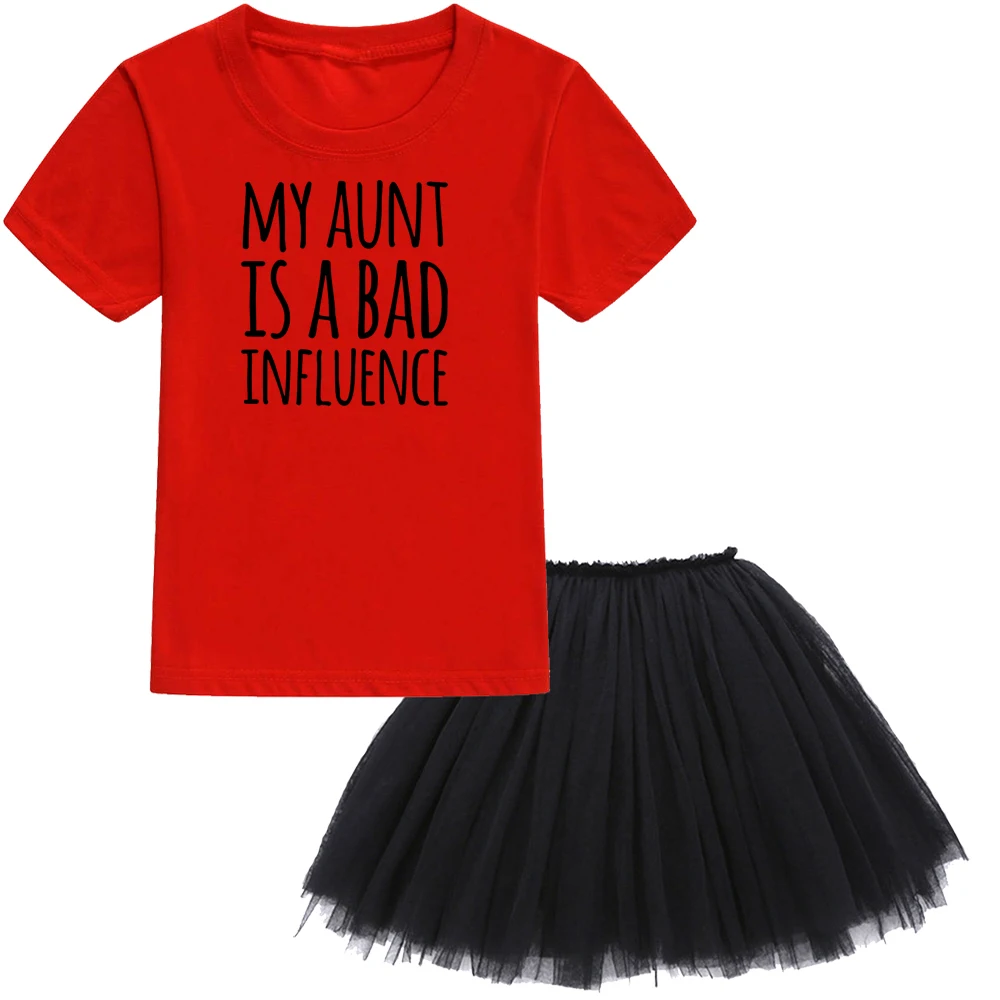41U1-KQTRDBK- Комплект летней одежды из 2 предметов с надписью «My Aunt Is A Bad Influence» для маленьких девочек, Детская футболка с короткими рукавами для девочек комплекты из топа и черной сетчатой юбки-пачки - Цвет: 41U1-KQTRDBK-