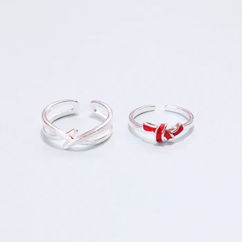 

Sole Memory Red Drip Glaze Cross Knot Romance 925 Sterling Silver Female Resizable Opening couple Rings SRI577