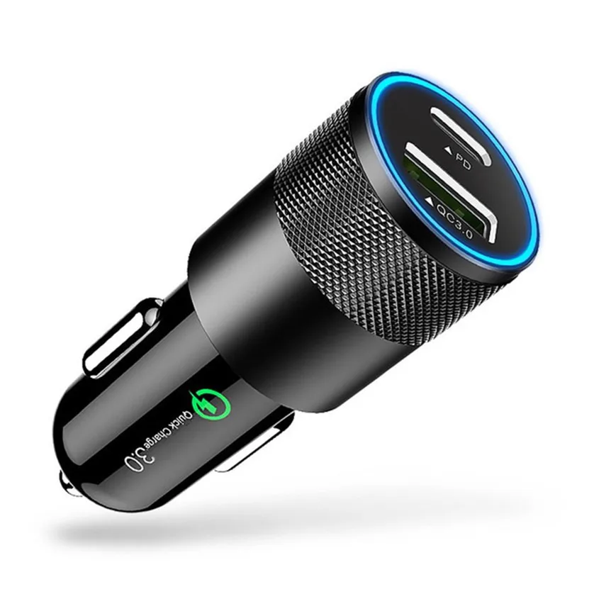 100 шт. 3A 2 порта QC 3,0 двойной USB USB-C PD Быстрый автомобильный адаптер зарядного устройства синий светодиодный светильник для iPhone samsung huawei xiaomi