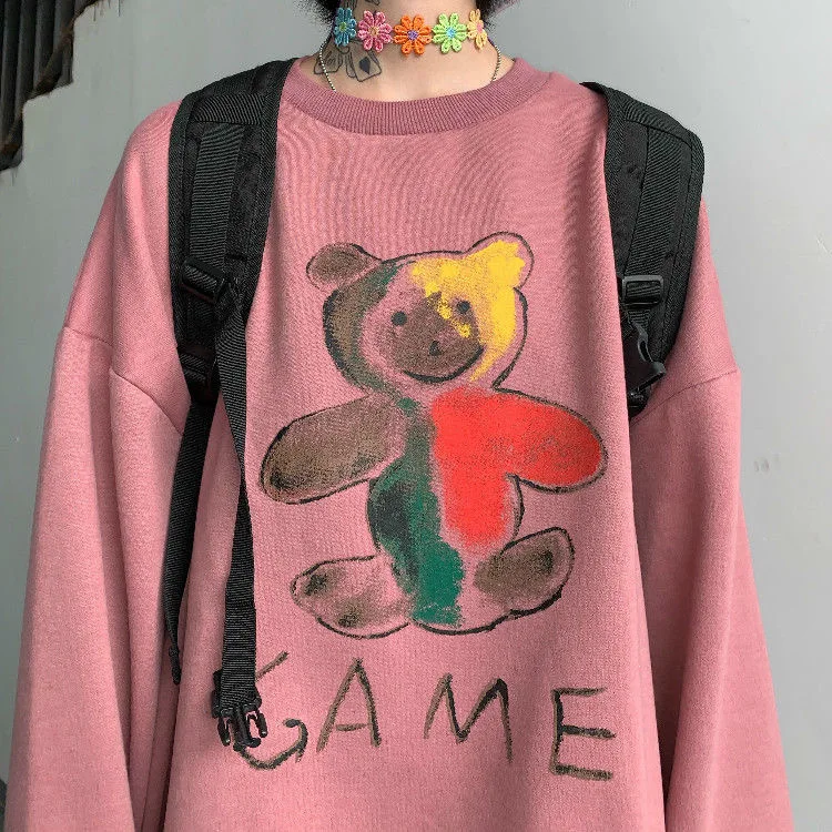 

Color bear hoodie ladies print BF oversized 2XL streetwear Harajuku couple pullover men and women