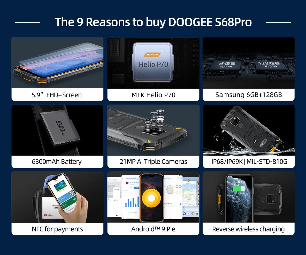 DOOGEE S68 Pro IP68 Водонепроницаемый восьмиядерный смартфон Helio P70 6 ГБ+ 128 Гб 21MP AI Triple 6300 мАч 4G мобильный телефон NFC