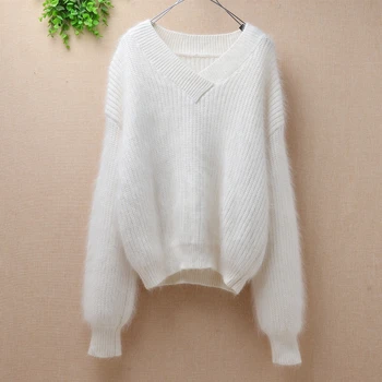 

Elegant top mujer femme winter short thick warm plush fuzzy angora rabbit wool pullover knit mink kniwear long sleeves sweater