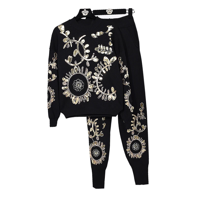 autumn-2-piece-sets-women-gold-leaf-flower-embroidery-sequin-knitted-sweater-casual-trouser-lo-women‘s-two-piece-outfits