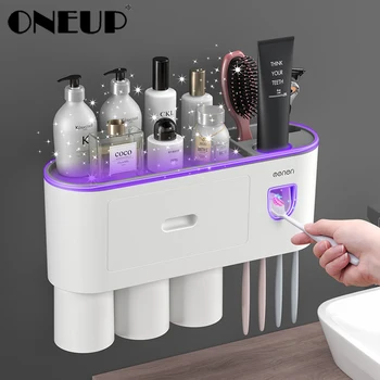 

ONEUP Bathroom Accessories New Toothbrush Holder With Cup Convenient Automatic Toothpaste Squeezer Storage Bathroom Products Set