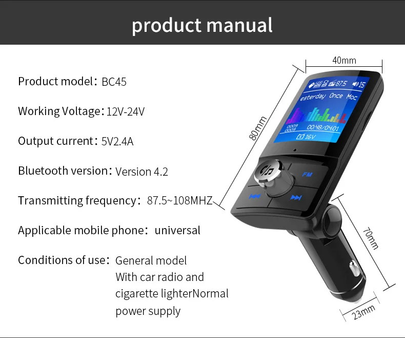 BC45 Bluetooth MP3 плеер беспроводной fm-передатчик USB поддержка SD Tf карта ЖК-дисплей USB Автомобильное зарядное устройство для iPhone и Android