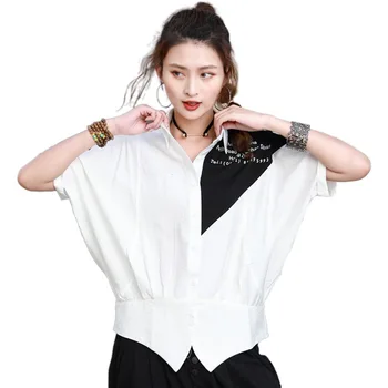 

Spliced Turn Down Collar Chiffon Shirts For Women Streetwear Half Sleeves Blouse Female Bandage Back Side Word Printing Casual