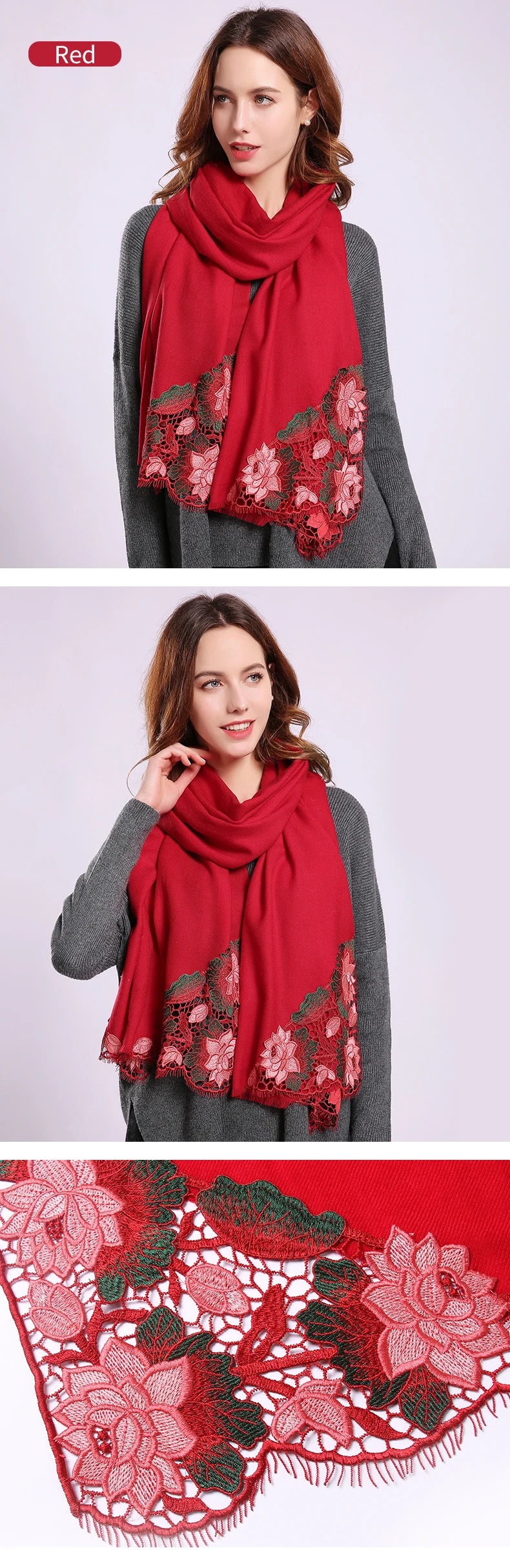 Women Wool Scarf New Red Warm Shawl Wraps Flower Pashmina Bride Bridesmaid Shawl Winter Warm Embroidery Wool Scarves