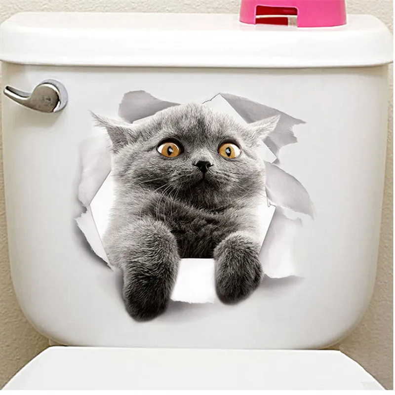 Autocollants de toilette à motif de chat drôle, décalcomanies murales d'animaux 3D, art mural en PVC vif, décoration de la maison bricolage, salle de lavage de WC