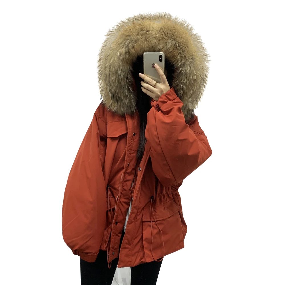 Женская куртка на утином пуху с большим воротником из натурального меха енота