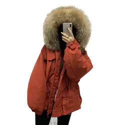 Большой воротник из натурального меха енота 2019, Высококачественная зимняя куртка, женские пуховые пальто с капюшоном, короткая пуховая