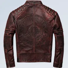 Винтаж коричневый Для мужчин Slim Fit Байкерская кожаные пальто размера плюс XXXXXL из натуральной яловой осенние мотоциклетные кожаные пальто