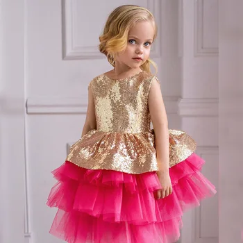 

INS Vest Princess Dress Baby Girl Sequins Layer Cake Party and Wedding Dresses Children Clothes Girls Vestidso