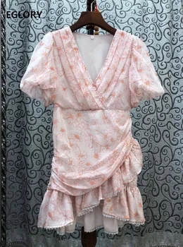 

Sweet Pink Dress 2020 Summer Sexy Party Club Ladies V-Neck Beautiful Flower Print Short Sleeve Sexy Ruffle Dress Above Knee