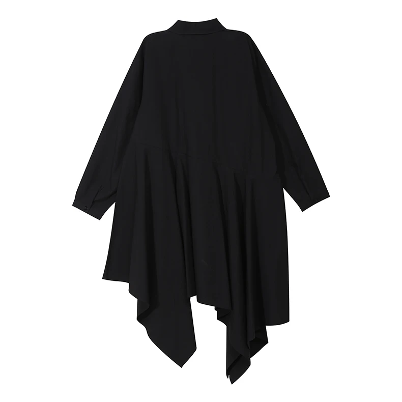 Новинка, женское осеннее модное платье-рубашка с длинными рукавами, однотонные черные Асимметричные женские стильные повседневные платья, роковой 5510
