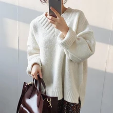##Special Price Autumn 2019 Female Casual Loose V-Neck Pullover Sweaters Solid Color Mid-Length Winter Warm Knit Sweaters Street Wear ##Special Price Autumn 2019 Female Casual Loose V-Neck Pullover Sweaters Solid Color Mid-Length Winter Warm Knit Sweaters Street Wear