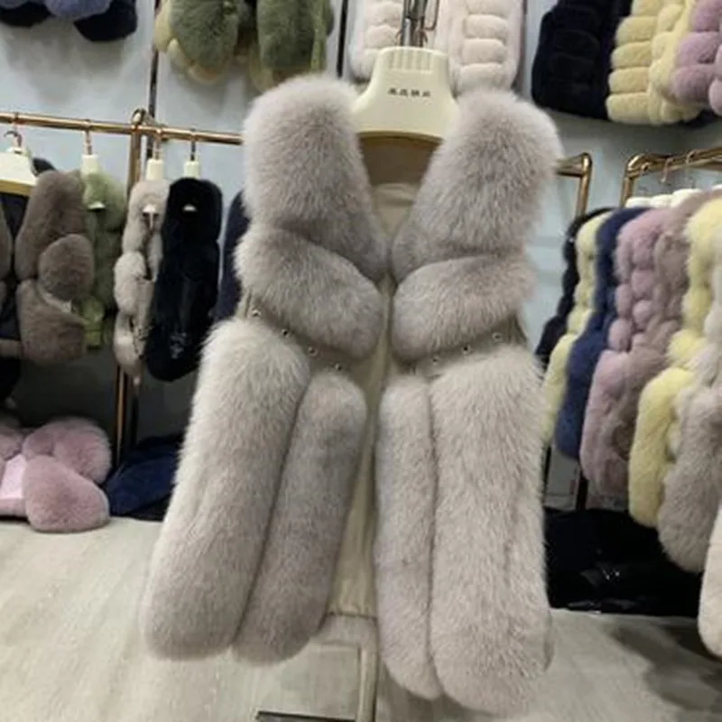 Элегантное женское изумительное зимнее пальто из высококачественных материалов Роскошная удобная модная шуба из натурального Лисьего меха для женщин
