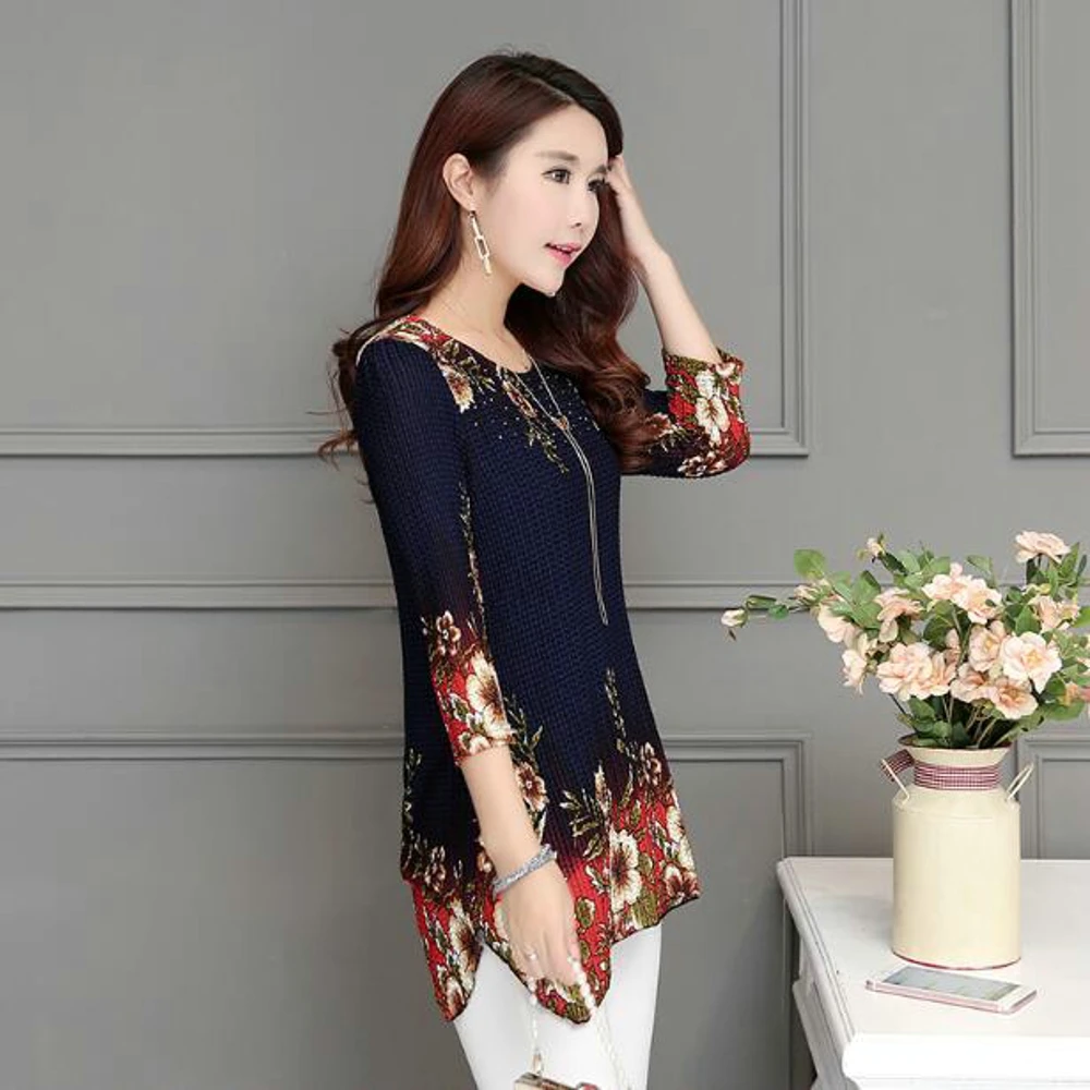 

2019 New Arrival Fashion Summer Three Quarter Slim floral long Shirt Female Casual Slim Color Plus Size elegant Printed Blouse