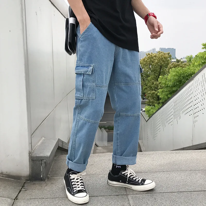 

Fashion Pockets Men Jeans Solid Loose Denim Jeans Casual Ankle Length Jeans Homme Big Size