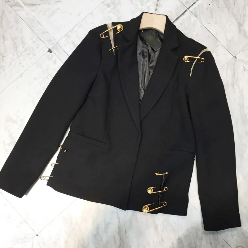 

New Fashion 2019 Autumn Simple Notched Collar Long Sleeve Pockets Mesh Pin Loose Coat Single Suit Woman N659
