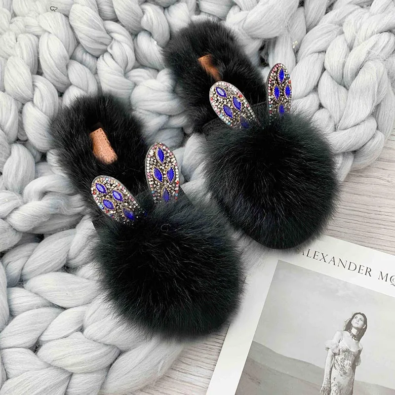 black Rabbit ears Зимние тапочки из хлопчатобумажной ткани женские тапочки из хлопчатобумажной ткани с рисунками Стразы тапочки плюшевые тапочки из хлопчатобумажной ткани в помещении Теплые тапочки для девушек - Цвет: black Rabbit ears