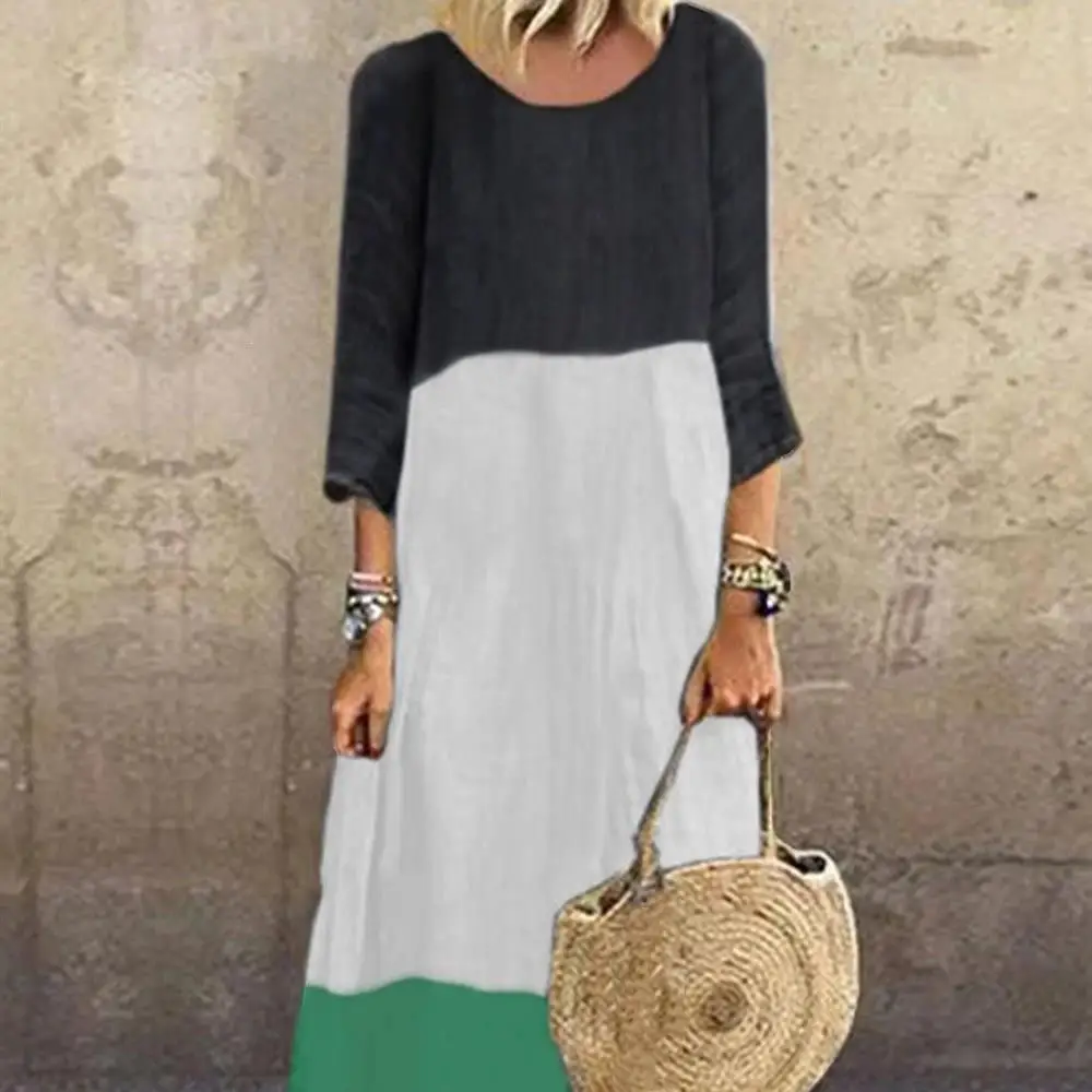 Vrouwen O-hals Vintage Jurken Drie Kwart Mouw Patchwork Lange Jurk A-lijn Herfst Contrast Kleur Losse Jurken Vrouwen O-hals Vintage Jurken Drie Kwart Mouw Patchwork Lange Jurk A-lijn Herfst Contrast Kleur Losse Jurken