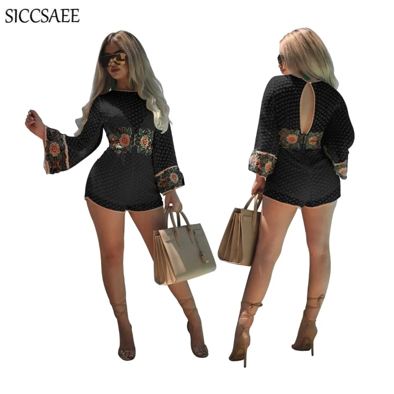 Открытая спина кружева крючком Bodycon Комбинезоны для женщин Цветочная вышивка Бандажное боди сексуальный цельный комбинезон шорты прозрачные