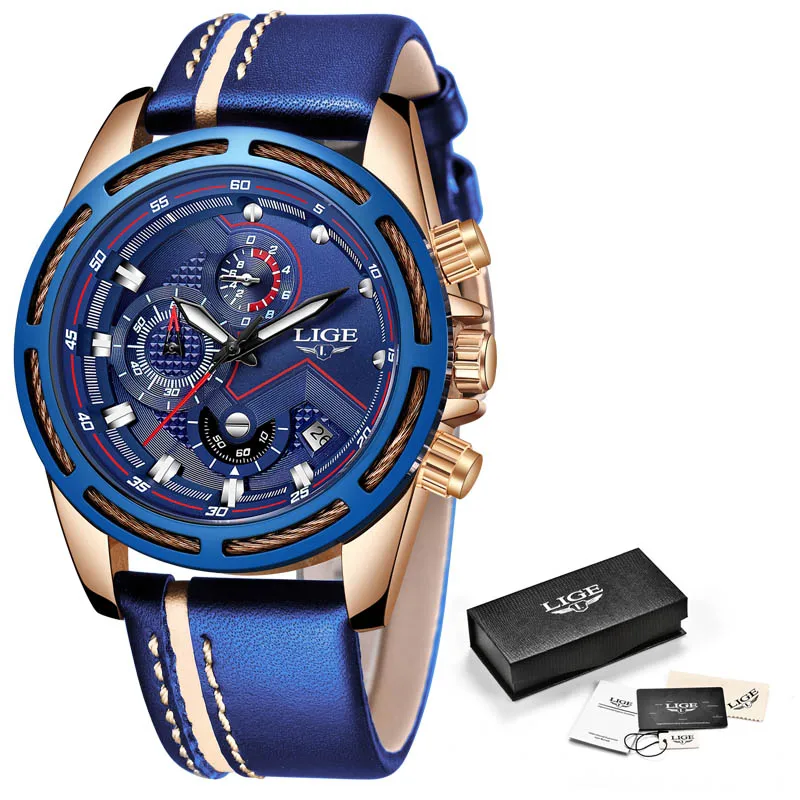 Relogio Masculino Новинка LIGE спортивные хронограф мужские часы лучший бренд повседневные кожаные водонепроницаемые Дата кварцевые мужские часы настенные часы - Цвет: All blue