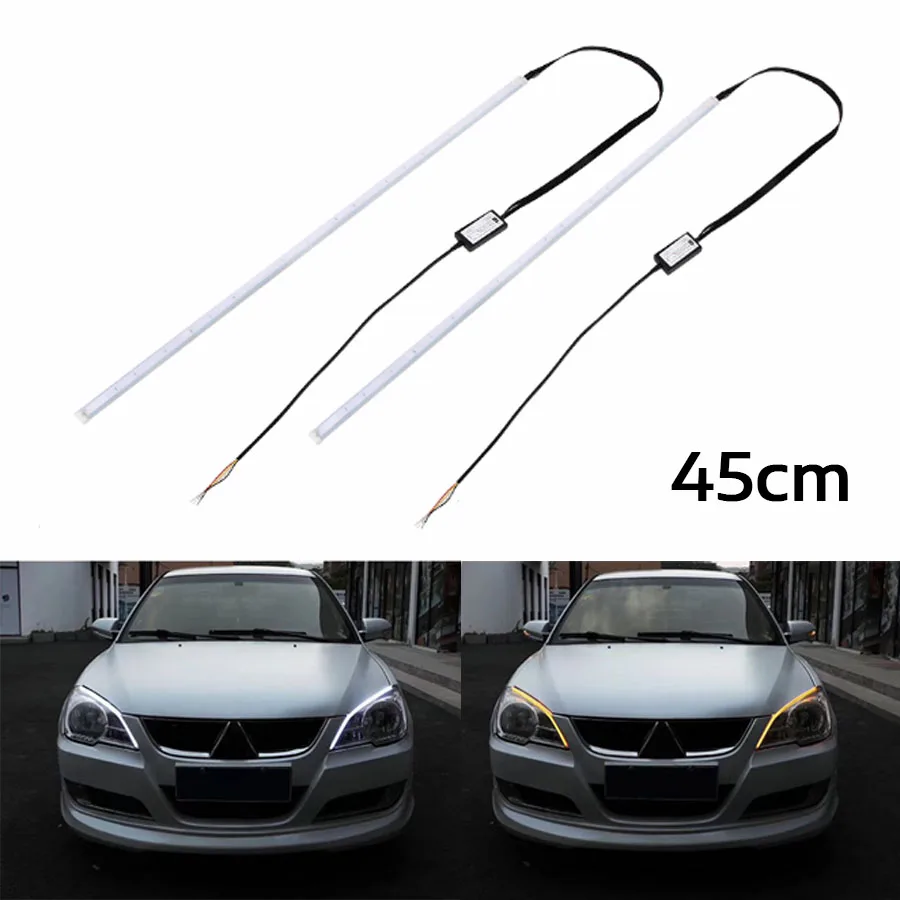 

2x 45cm Ultra Thin Car LED Strip Turn signal Yellow flowing Daytime Running Light Flexible Soft Tube Guide Waterproof