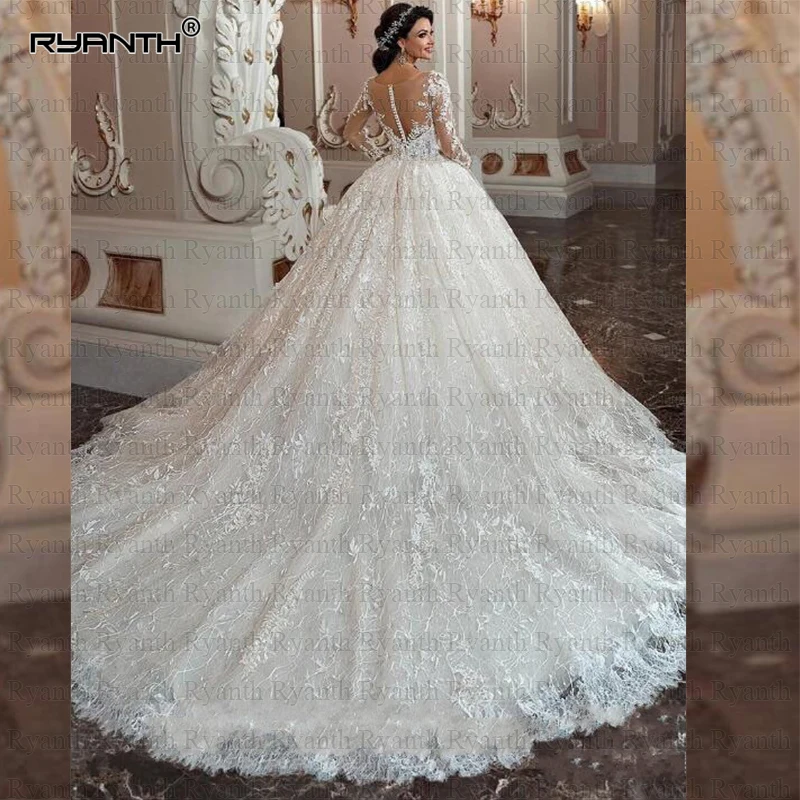 Vestido de noiva роскошное кружевное бальное платье с длинными рукавами, свадебное платье, длинные Шлейфы для свадебных платьев, Robe de mariee