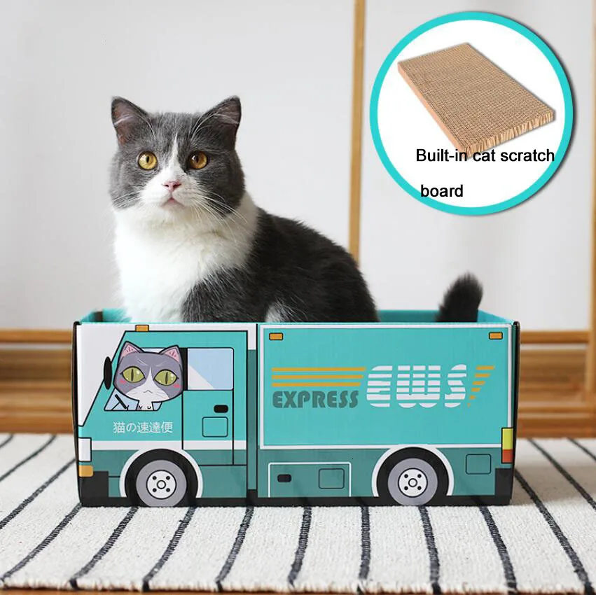 Juice box cat house with folding scratch board corrugated paper nest for small dog puppy cat Sleeping house - Цвет: EMS