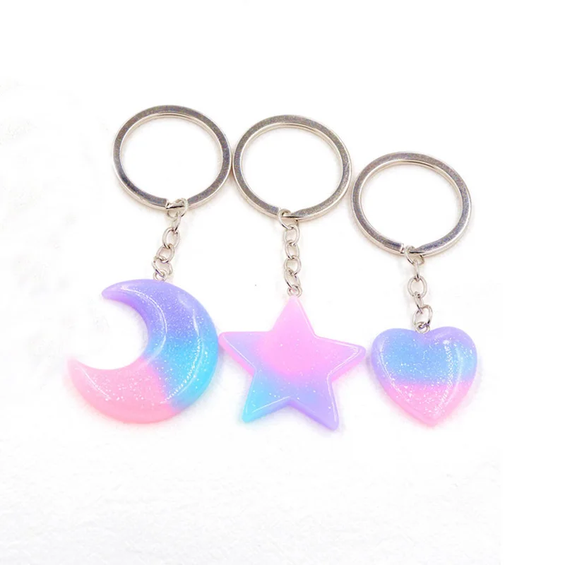 

Resin Keychain & Keyring Heart Half Moon Star Key Bag Pendant Blue Pink Glitter Key Chains Cute Romantic Couples Gift