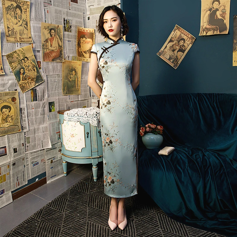 Синие Длинные китайские традиционные платья Qipao шелковое платье-Чонсам для женщин улучшение моды цветок китайский Ретро Chipao вечернее платье