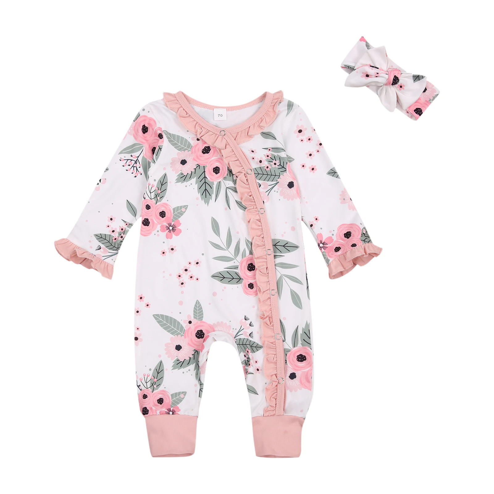 

2020 New Fall Autumn 0-18M Newborn Baby Girls 2Pcs Set Pink Floral Print Long Sleeve Ruffled Romper+Headband Infant Clothes