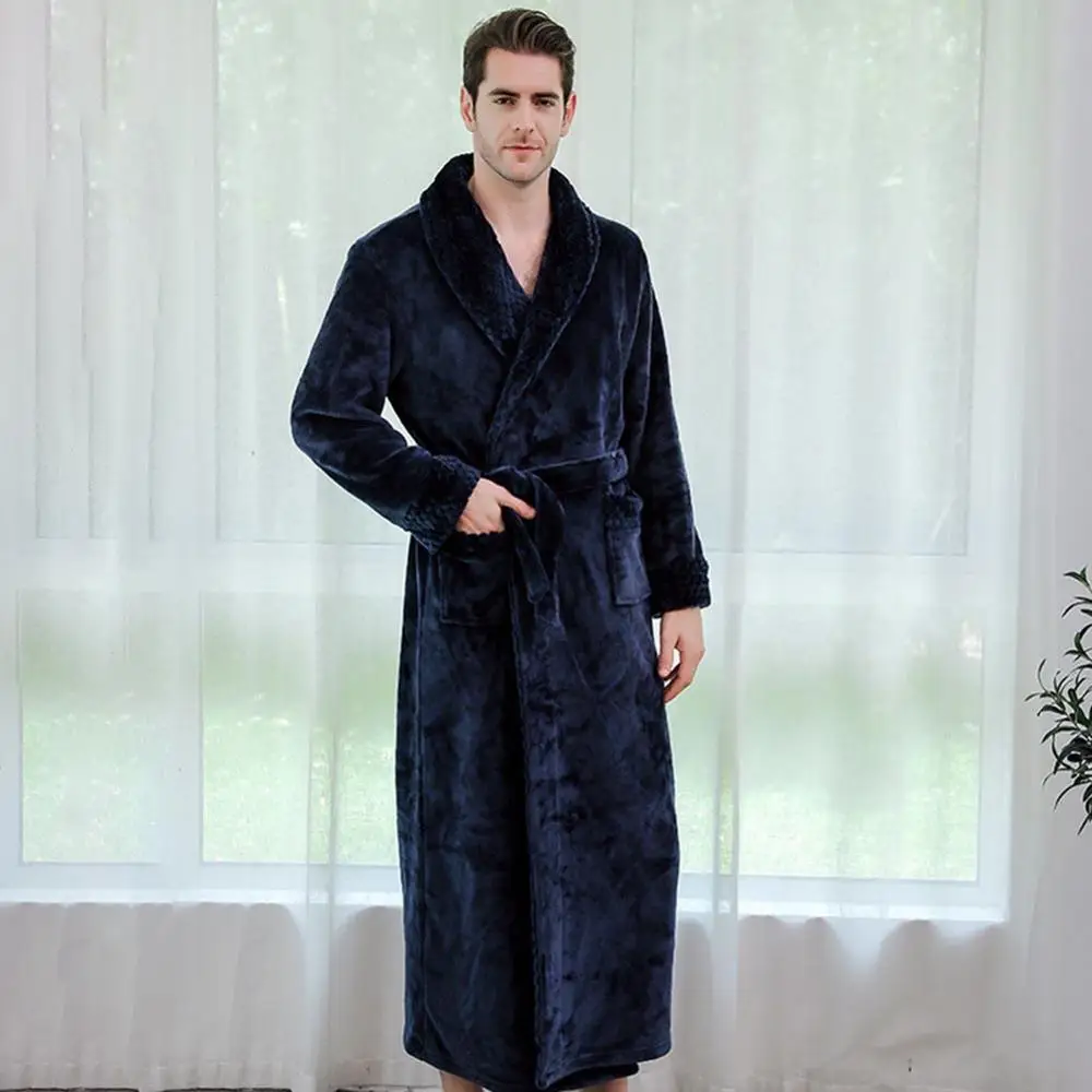 Мужской ночной халат, зимний удлиненный плюшевый халат, халат с длинными рукавами, фланелевый комплект одежды для сна, домашний мягкий Халат - Цвет: Navy blue