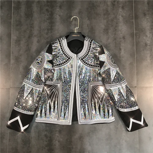 Black Gaganight Diamond Sequin Women Autumn Jacket Long Sleeves O Neck Pattern Streetwear Short Coat Ladies Fashion Chic Loose - Цвет: Black