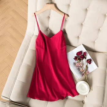 

Wepbel Nightgowns Sleepshirts Pajamas Women's Summer Silk Slip Nightdress Sexy V-neck Viscose Fiber Ribbon Chest Pad Leisure