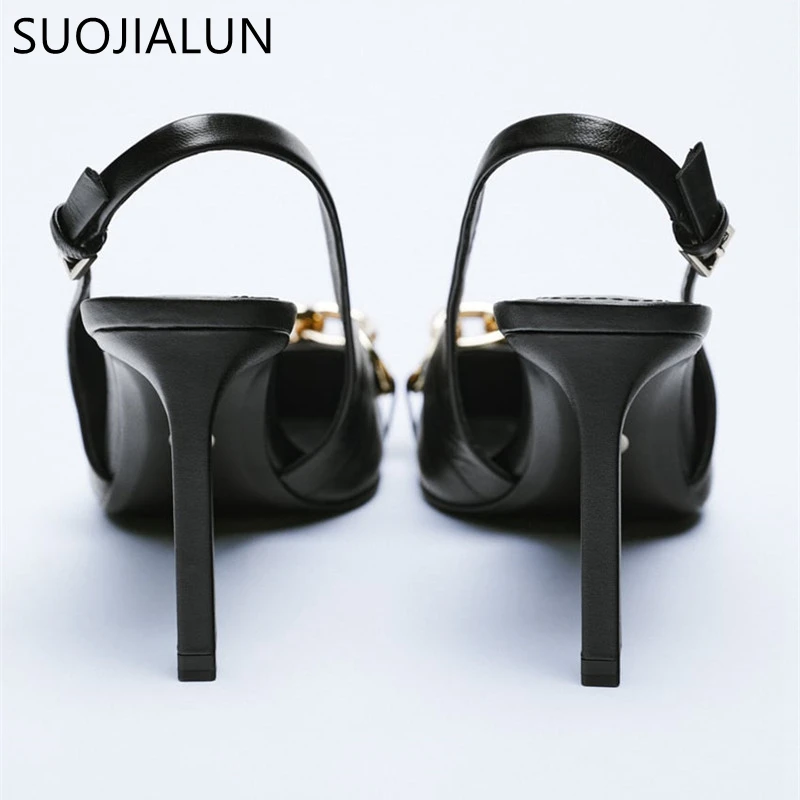 SUOJIALUN New Spring Fashion Crystal Buckle Sandals Women Thick High Heels Pointed Toe Slingback Shoes Elegant Slip On Mule