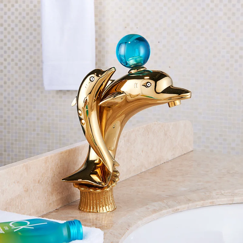 

Basin Faucet Brass Bathroom Sink Mixer Tap Hot & Cold Deck Mounted Black Oil Brushed Lavatory Dolphin Water Crane Gold/Chrome