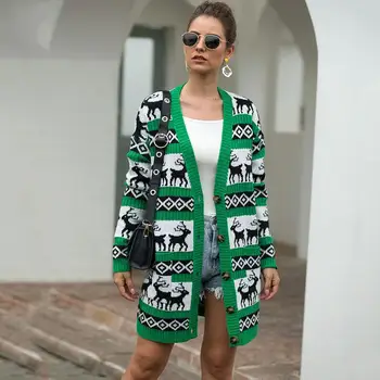

Winter Christmas Long Cardigan Women Autumn Warm Long Sweater Ladies Knitted Thicken Cardigan Print Christmas Sweaters Female