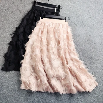 

Women Office Skirts Elegant chiffon Feather pattern tassel high waist Midi Skirts Fairy A Line Knee Length Party Skirt