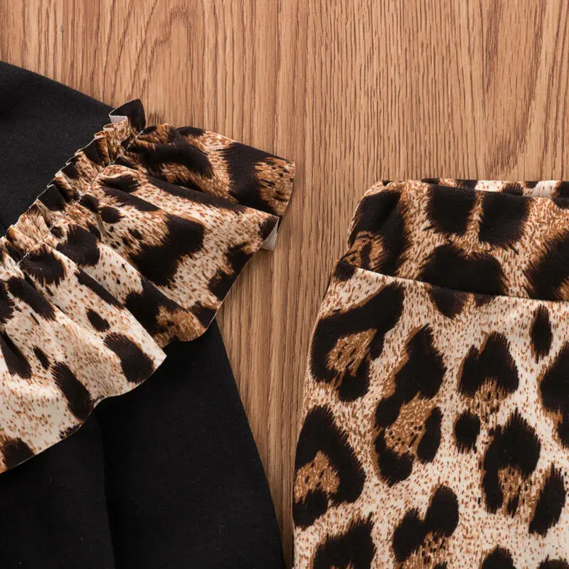 Модный Леопардовый Костюм для маленьких девочек топ с длинными рукавами и оборками+ брюки-клеш+ головной убор, комплект из 3 предметов