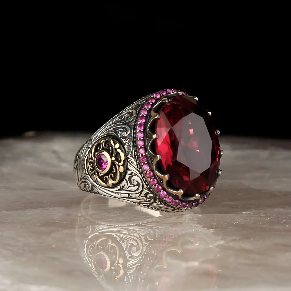 Turkish 925 Sterling Silver red ruby stone Mens mans ring ALL SİZE us #5075 