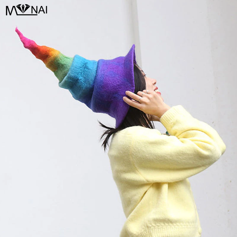 Witch Hat Halloween Street Popular Funny Creative Hats Rainbow Wizard Handmade Woolen Felt Hat Head Wear Cosplay Party