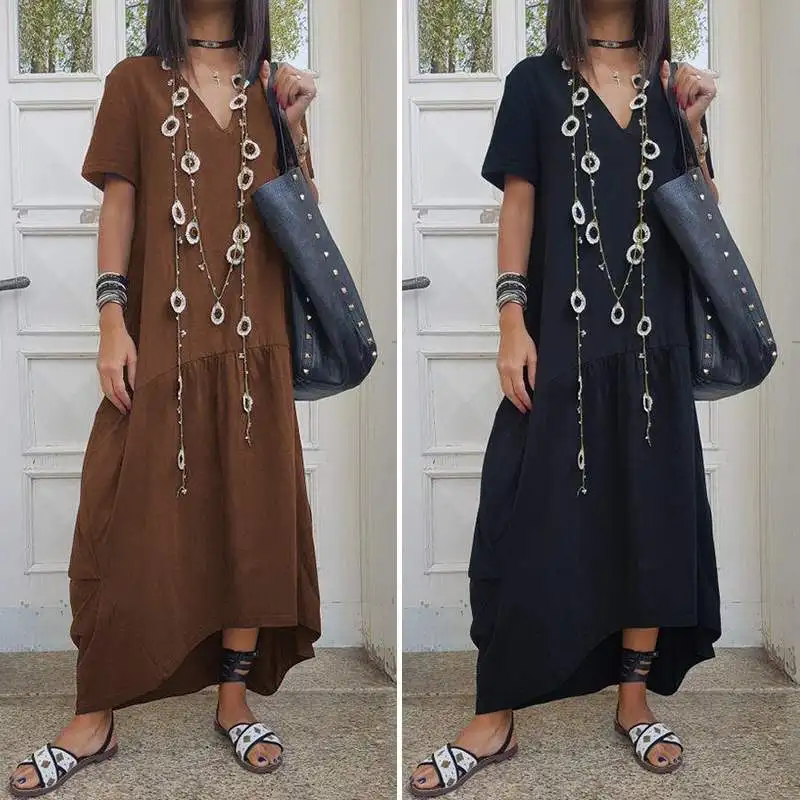 Women Dresses VONDA Vintage Short Sleeve Swing Party Maxi Long Dress Casual Loose Vestidos Summer Sundress Plus Size